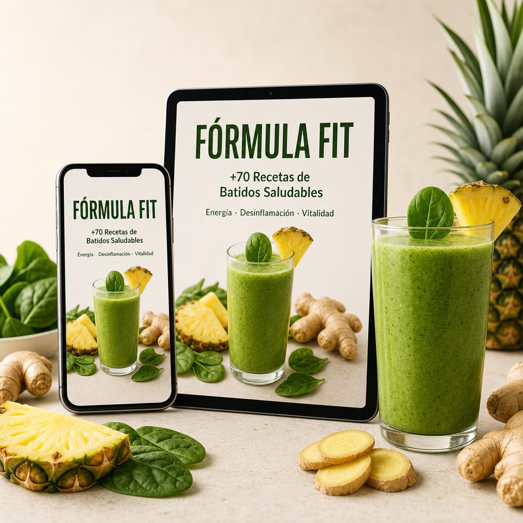 Recetario Fórmula Fit en smartphone y tablet junto a un batido verde, piña, espinacas y jengibre